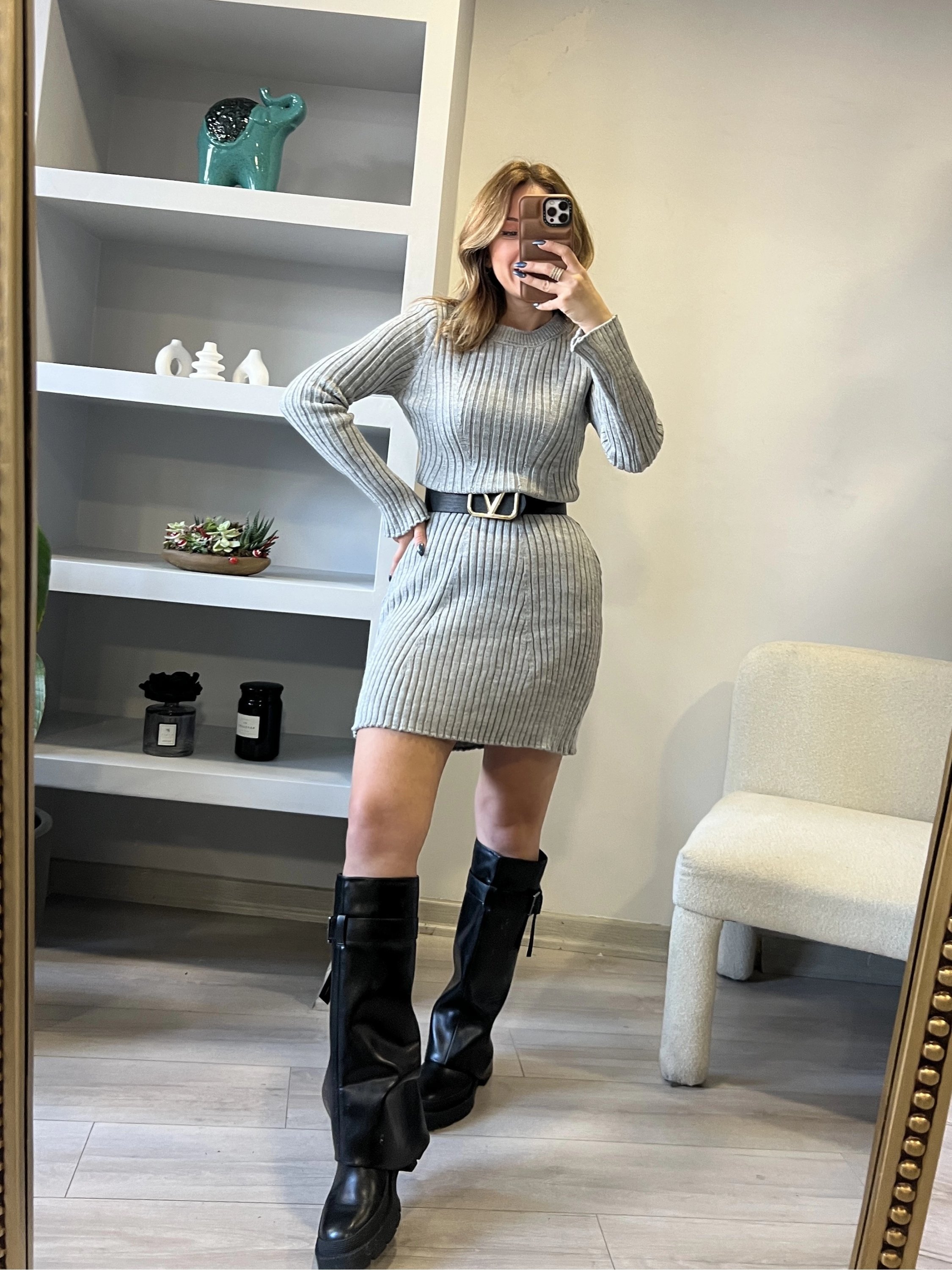 Gri Mini Triko Elbise