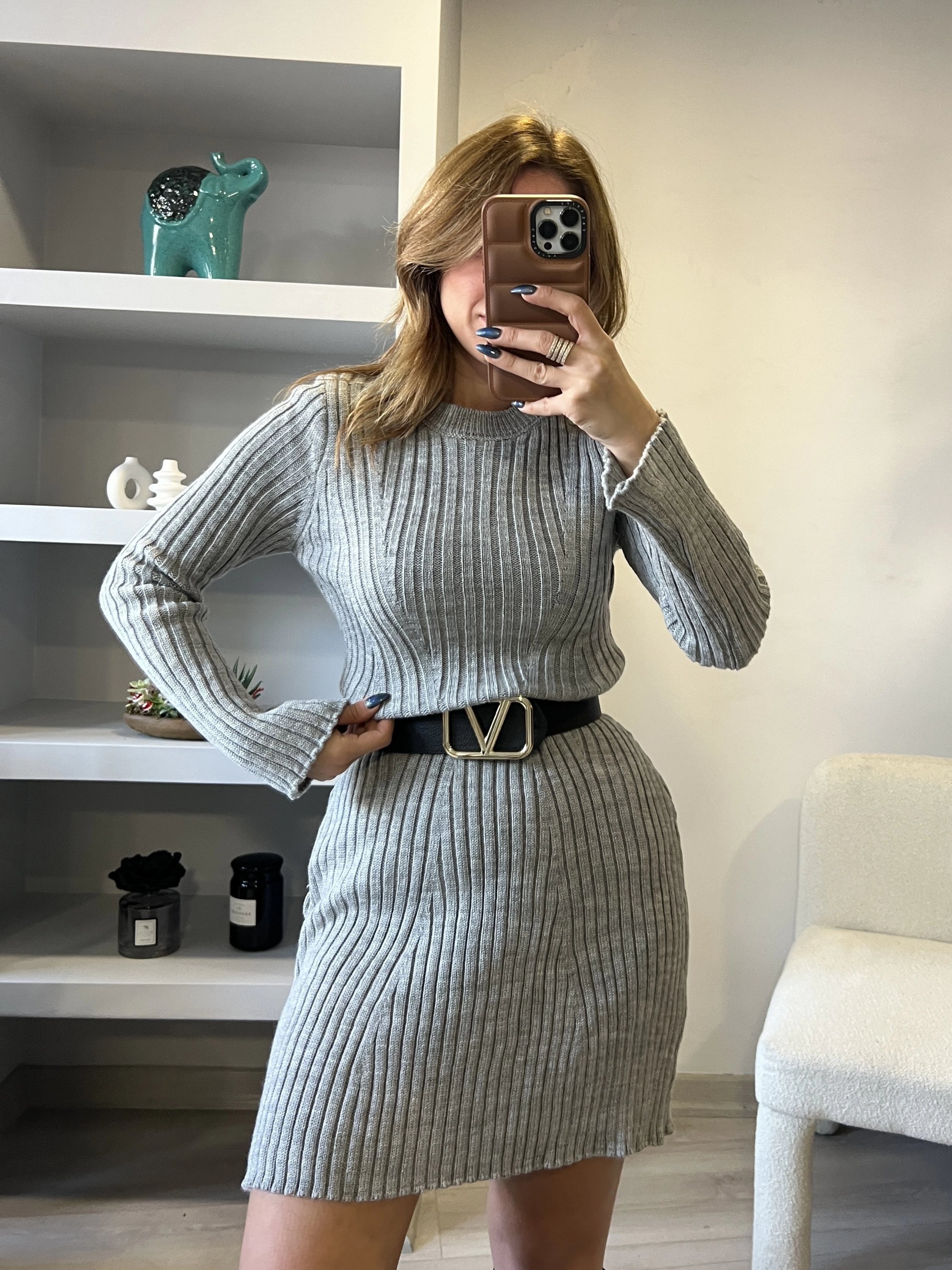 Gri Mini Triko Elbise