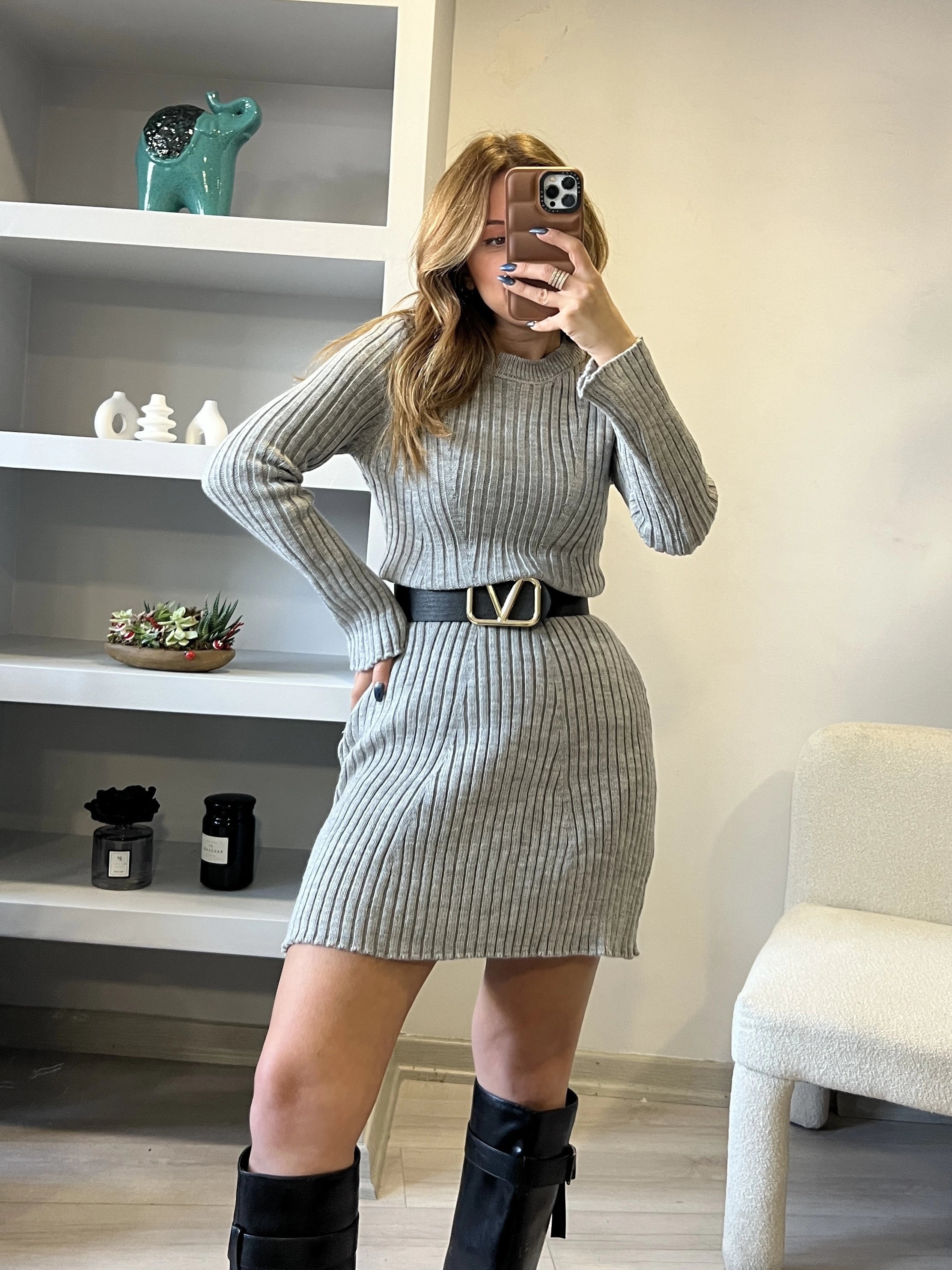 Gri Mini Triko Elbise