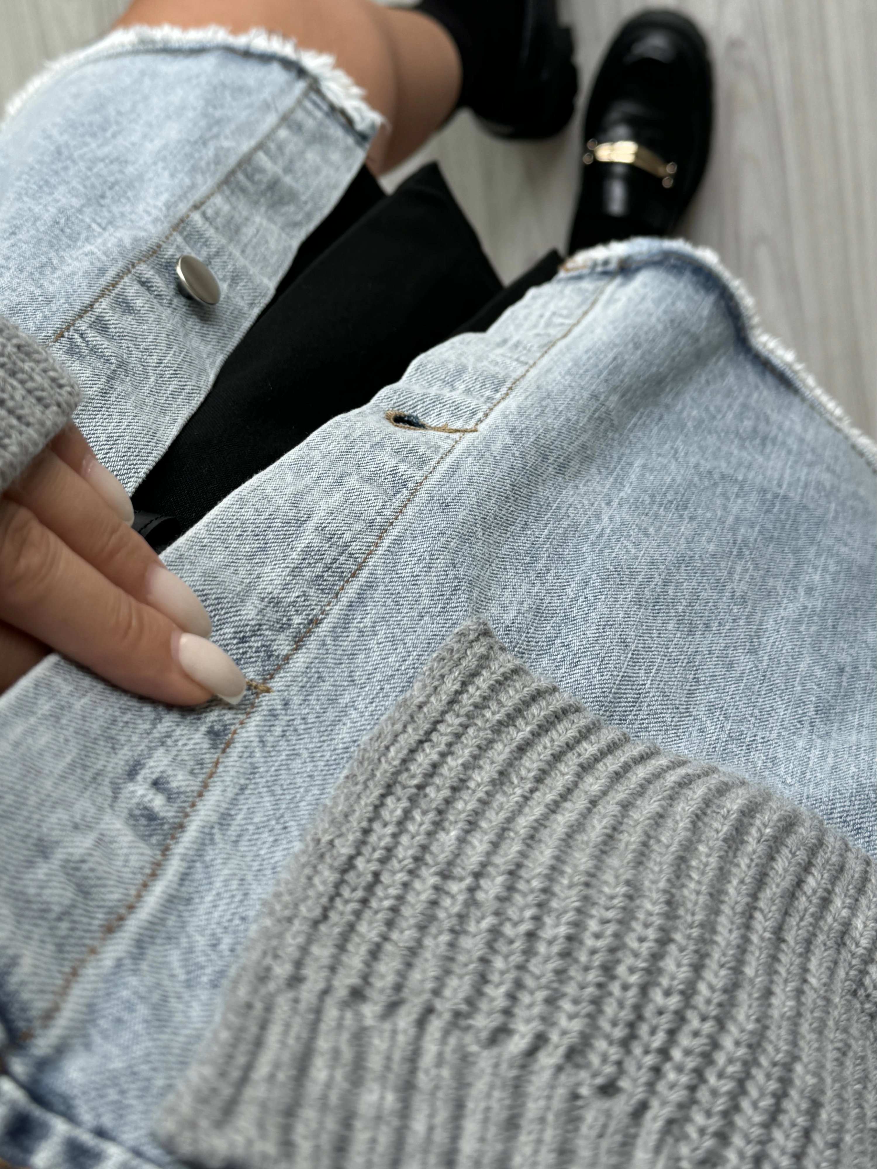 Gri Triko Cepli Denim Ceket