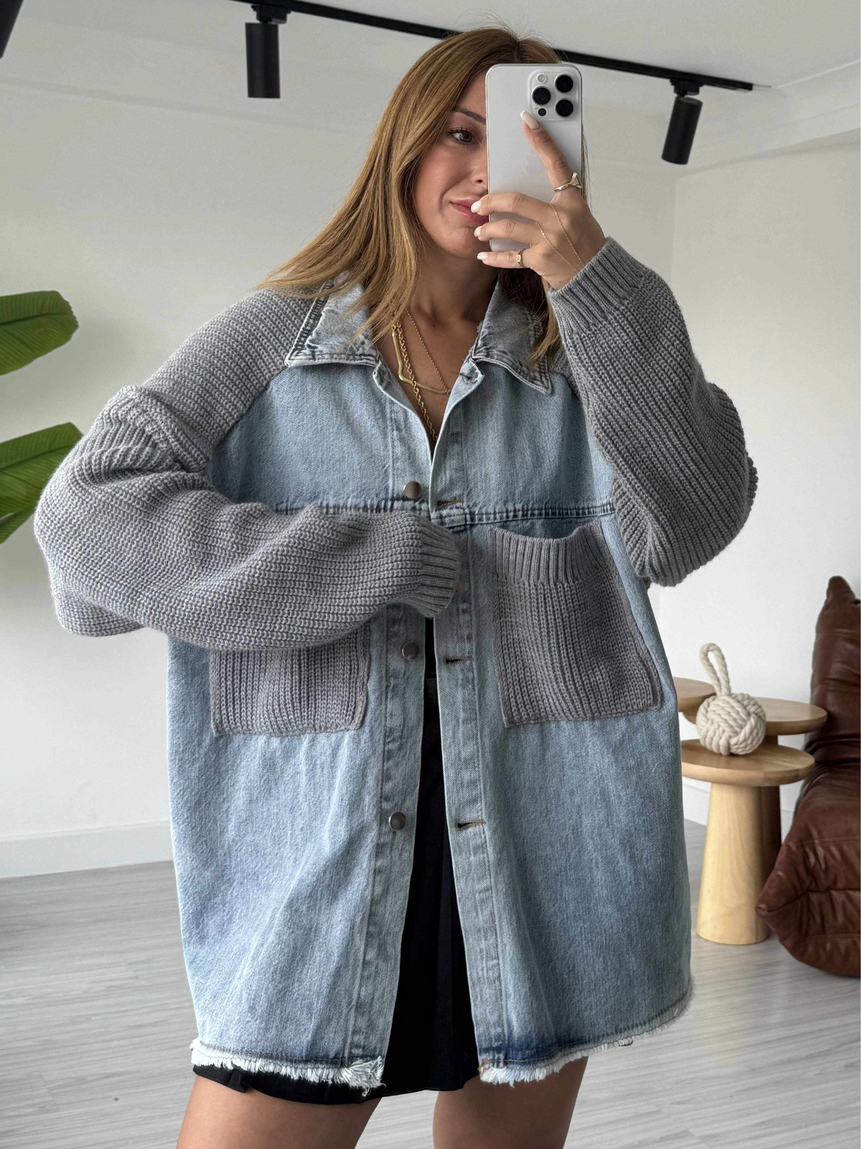 Gri Triko Cepli Denim Ceket