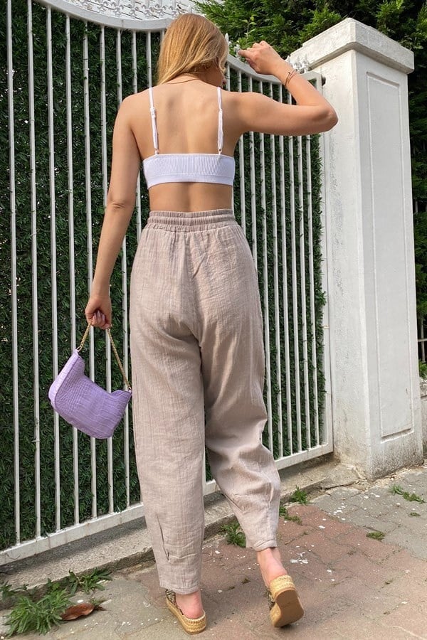 HAKİ BELİ İPLİ SALAŞ MODEL KETEN PANTOLON