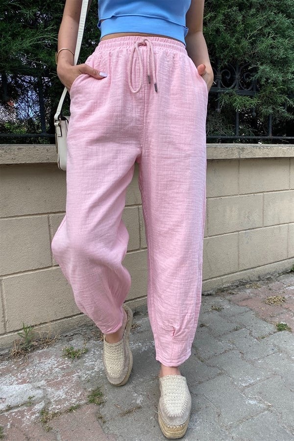 HAKİ BELİ İPLİ SALAŞ MODEL KETEN PANTOLON