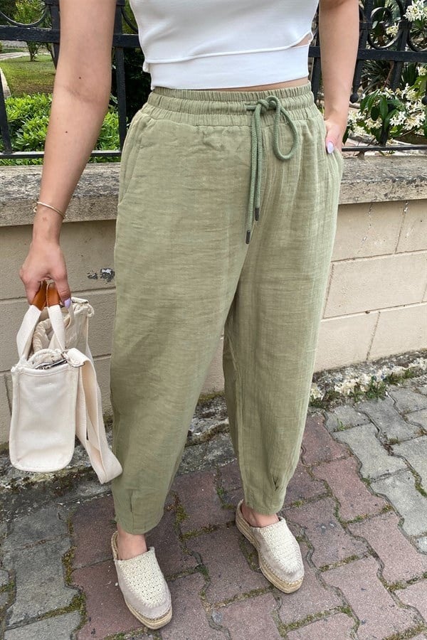 HAKİ BELİ İPLİ SALAŞ MODEL KETEN PANTOLON
