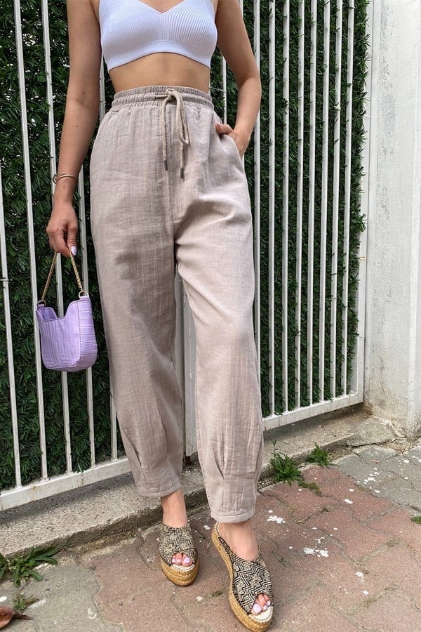 HAKİ BELİ İPLİ SALAŞ MODEL KETEN PANTOLON