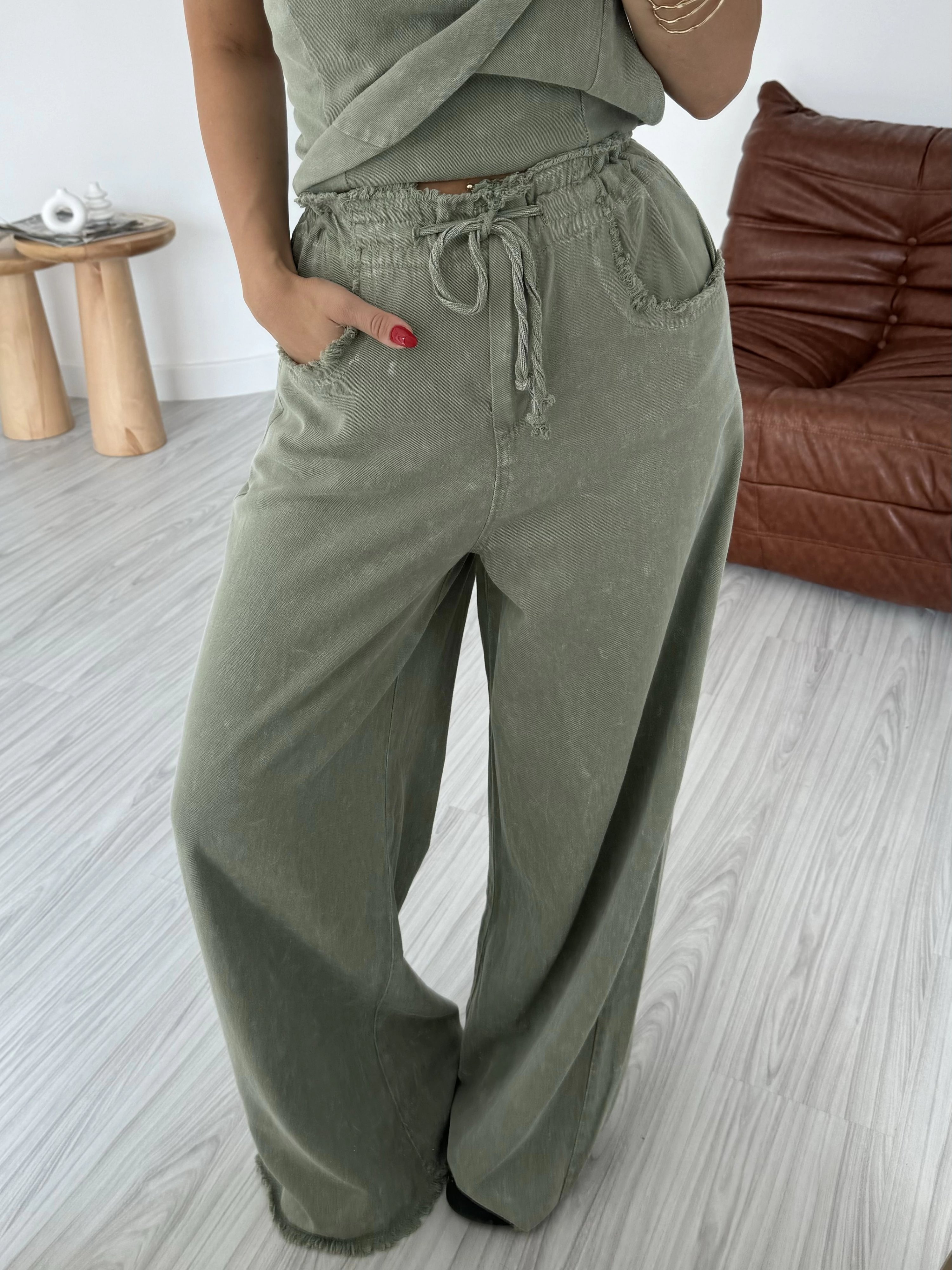 Haki Straplez Palazzo Pantolon İnce Gabardin Takım