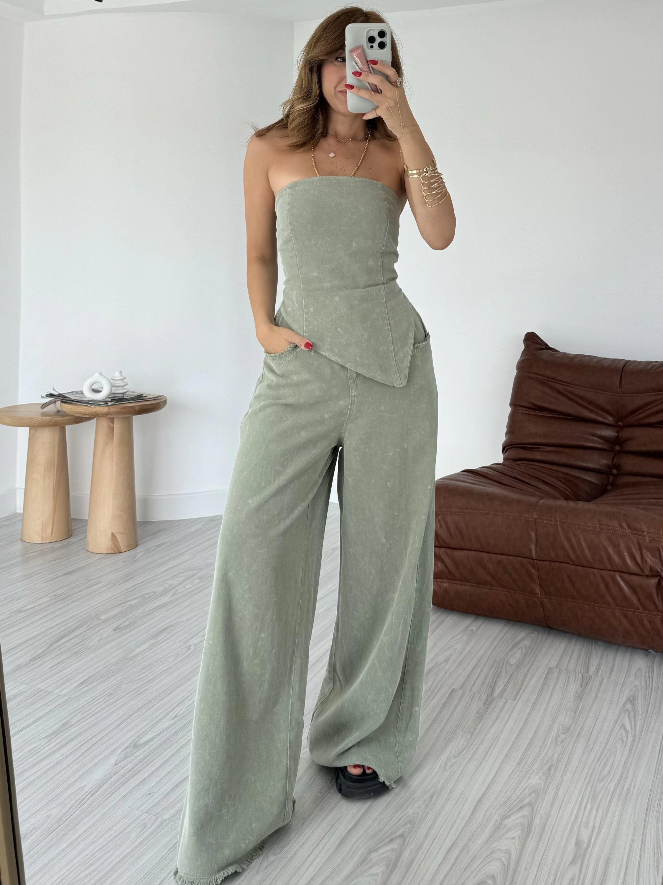 Haki Straplez Palazzo Pantolon İnce Gabardin Takım