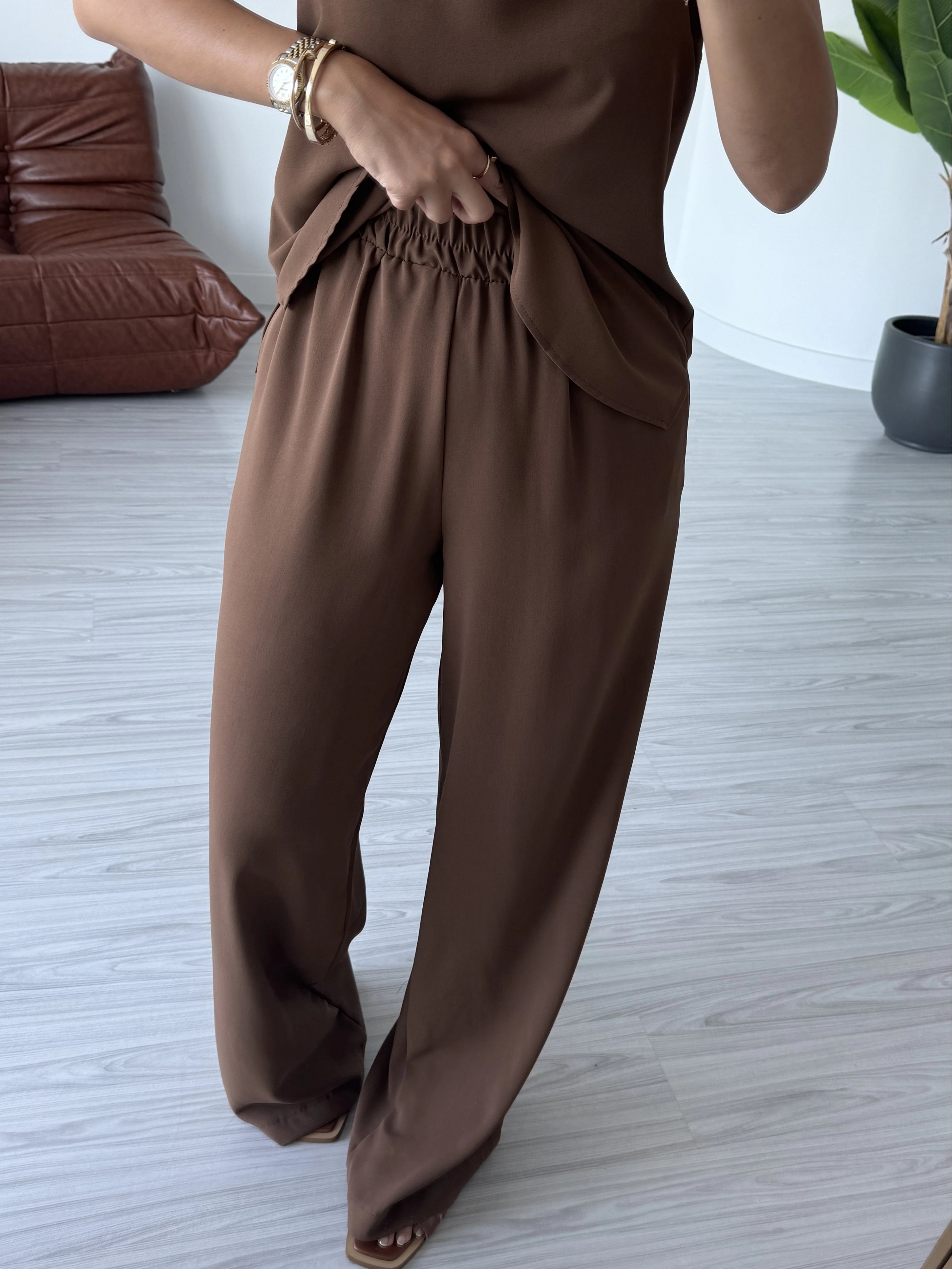 Kahve İnce Askılı Bluz Takım