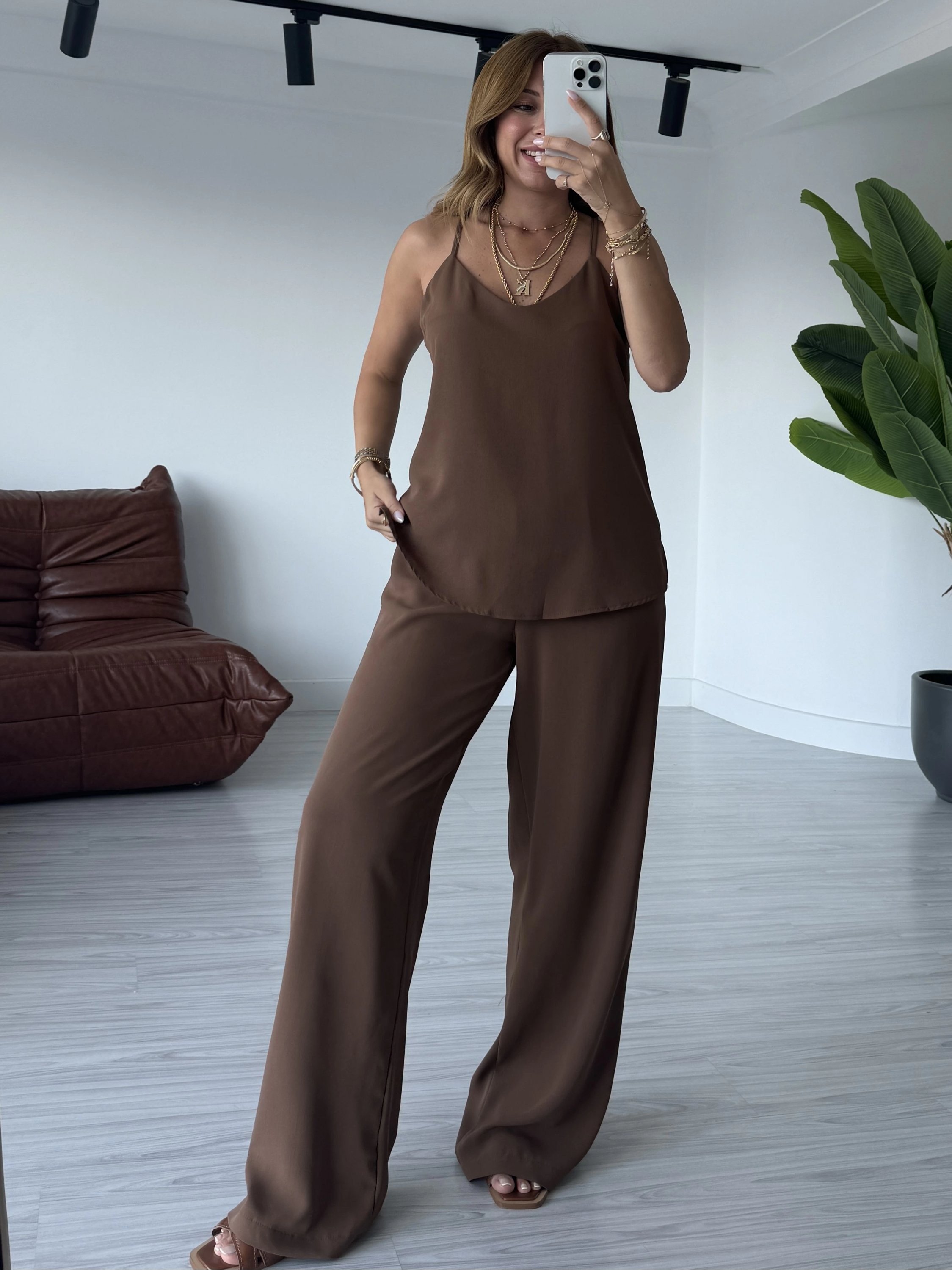 Kahve İnce Askılı Bluz Takım