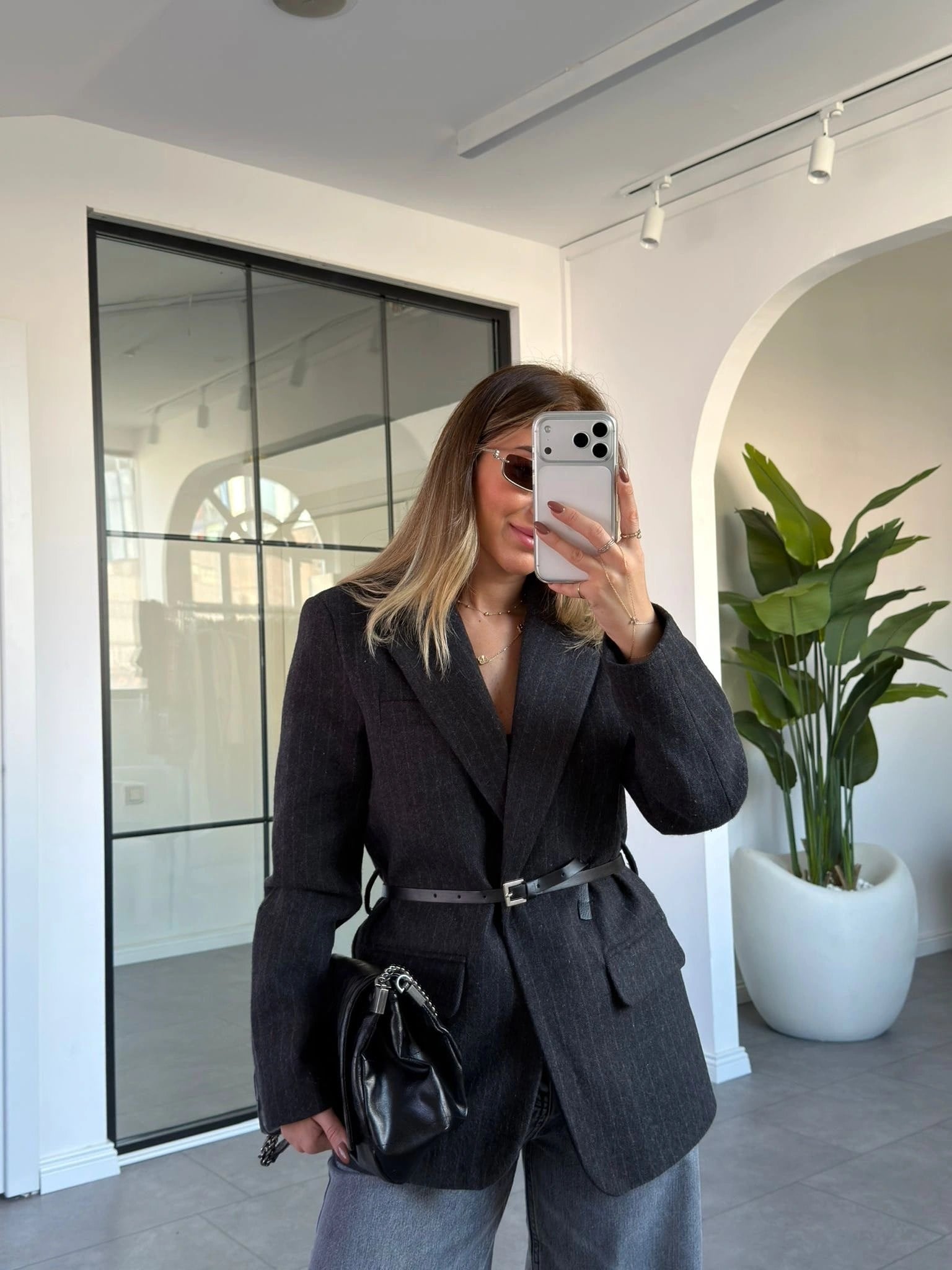 KAHVE KEMERLİ BLAZER KAŞE CEKET