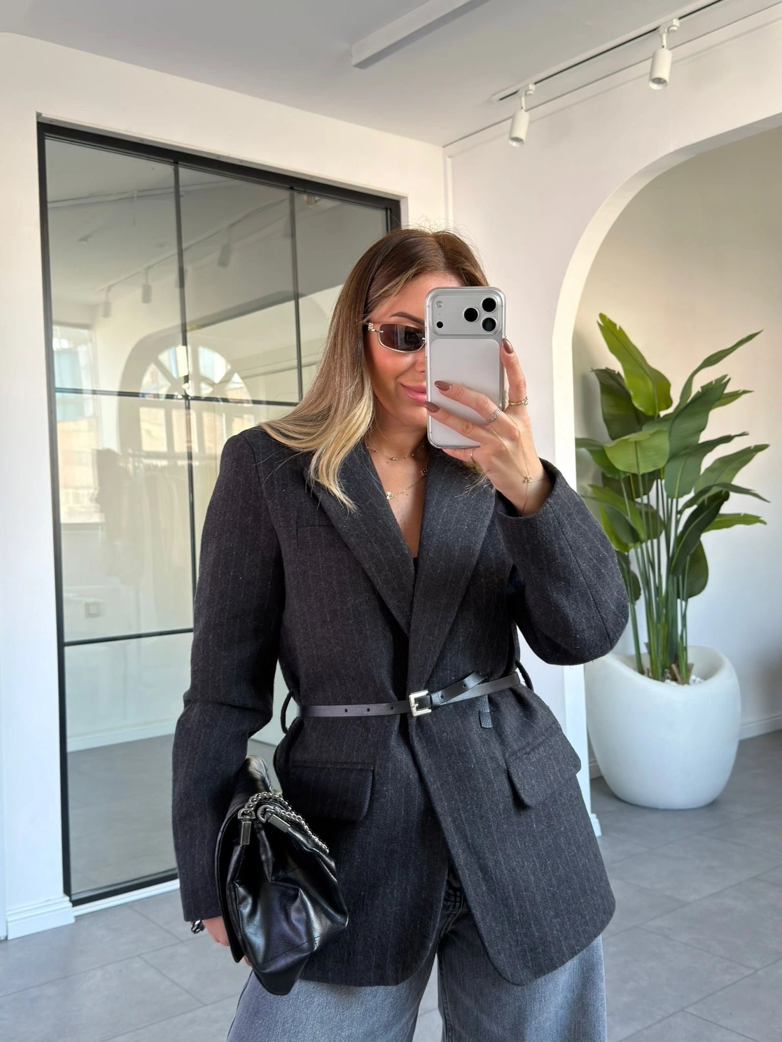 KAHVE KEMERLİ BLAZER KAŞE CEKET