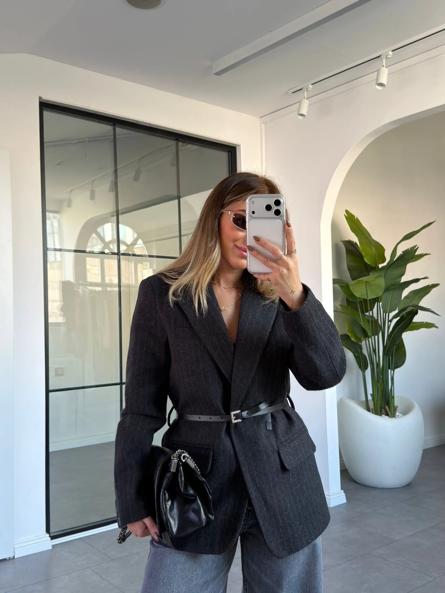 KAHVE KEMERLİ BLAZER KAŞE CEKET
