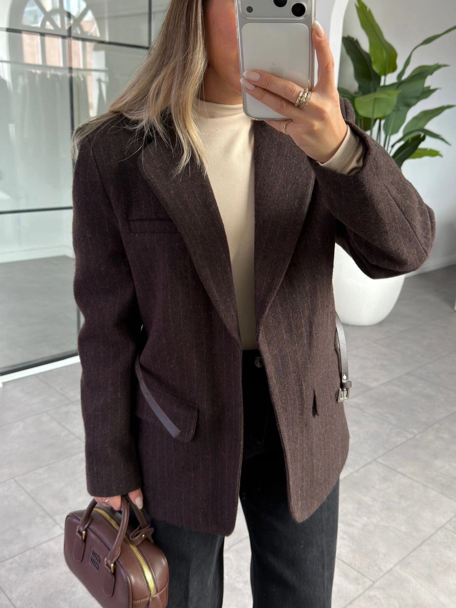 KAHVE KEMERLİ BLAZER KAŞE CEKET