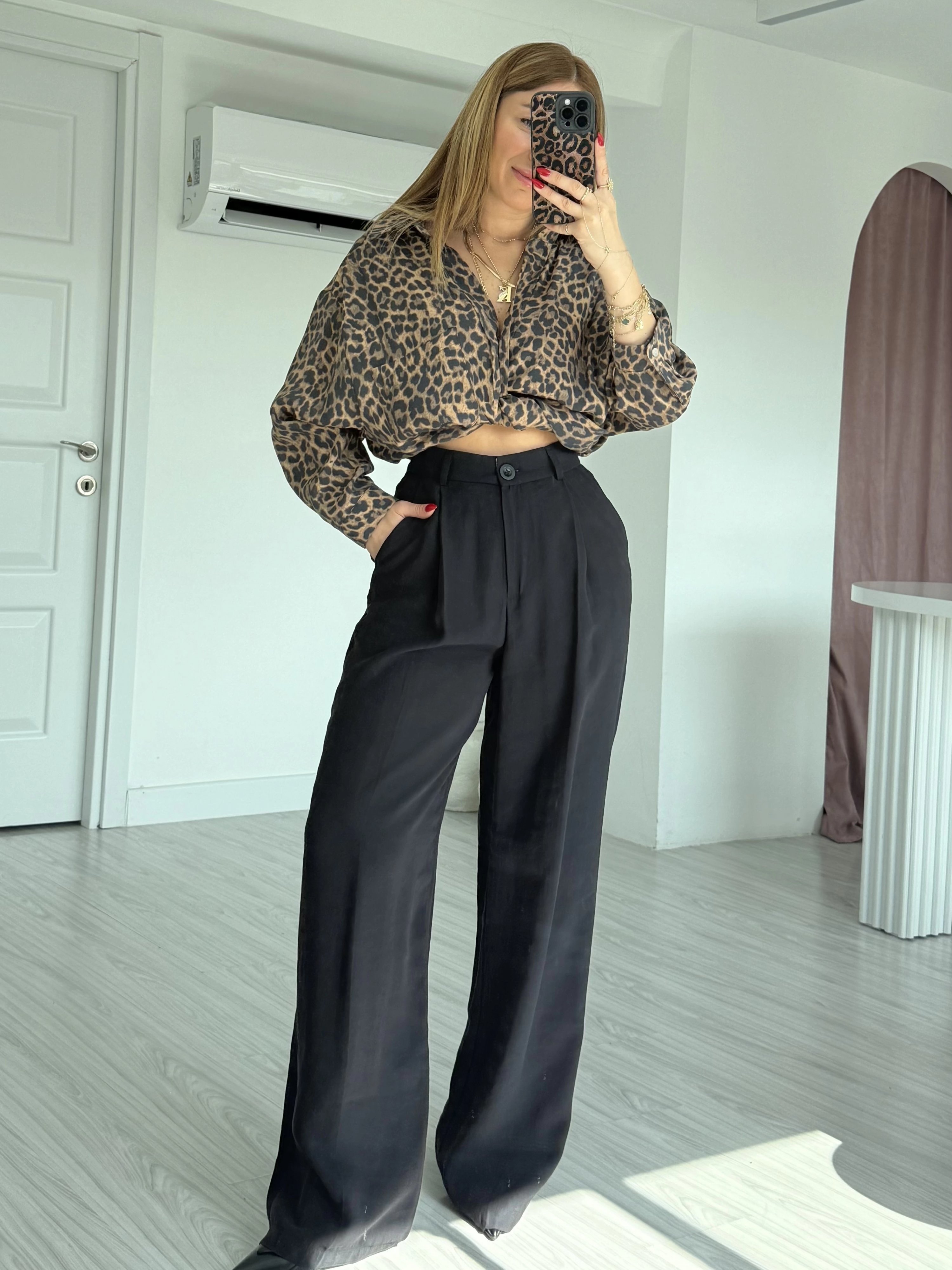 Kahverengi Leopar Baskılı Oversize Gömlek