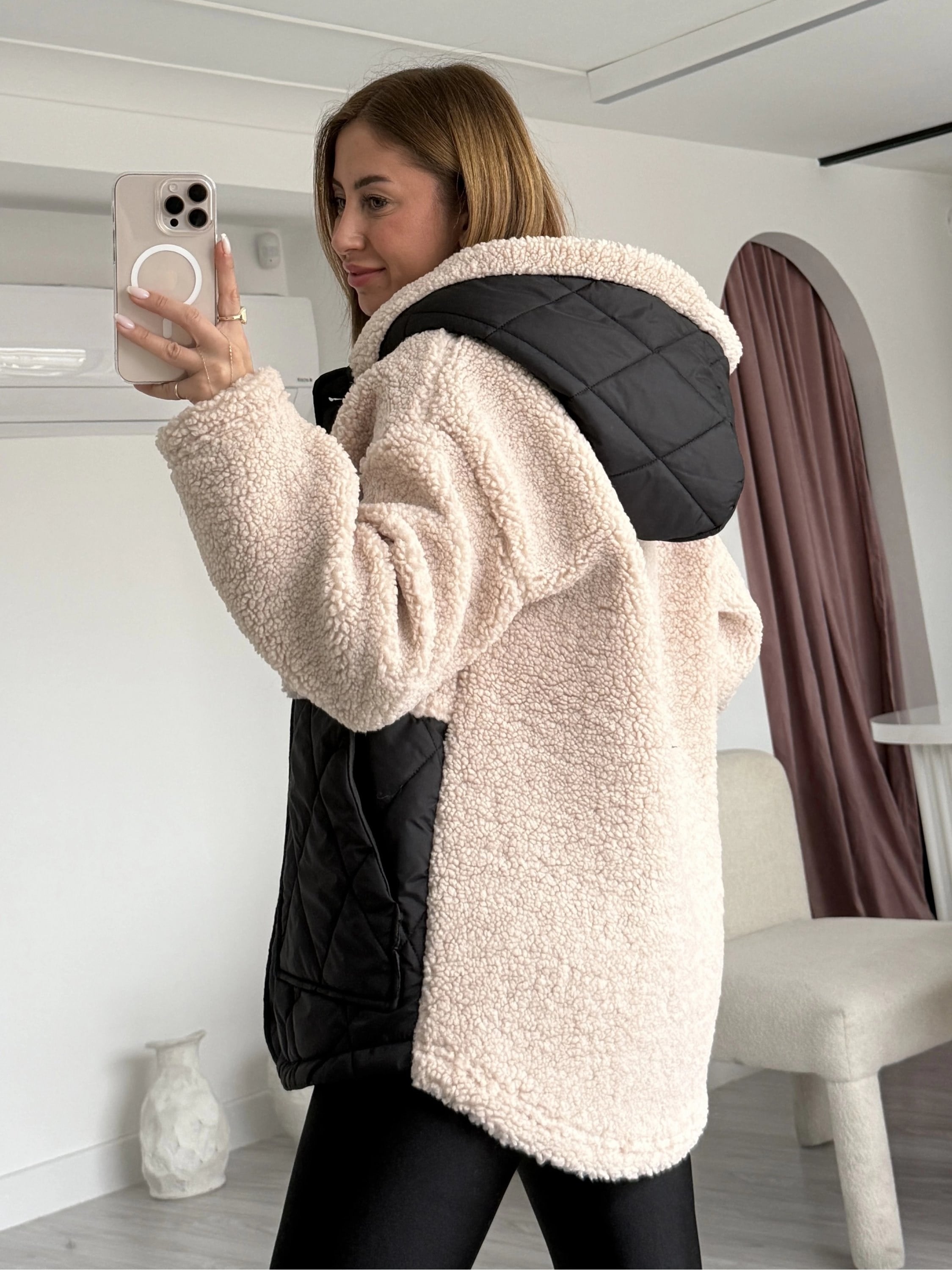Krem Kapüşonlu Kapitone Detay Teddy Mont