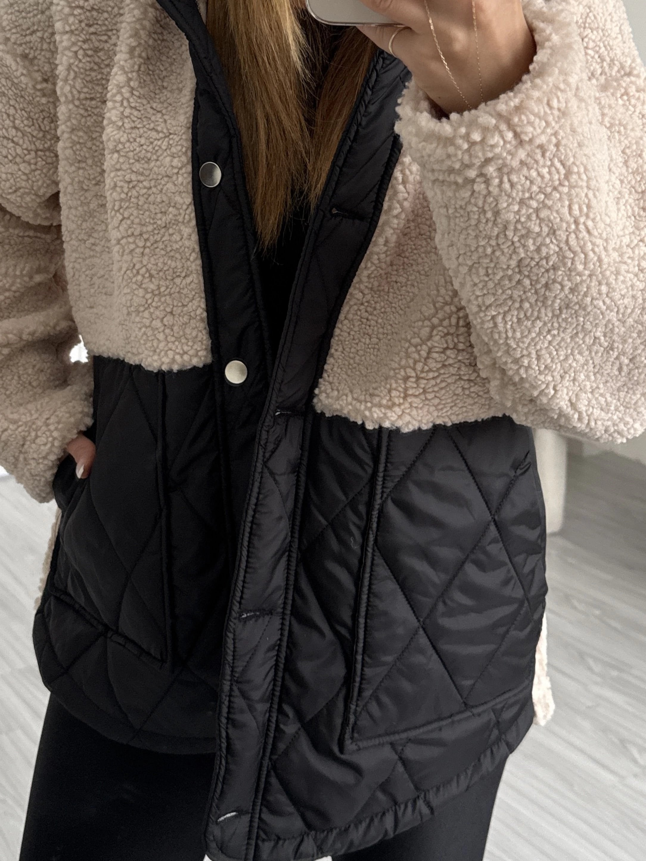 Krem Kapüşonlu Kapitone Detay Teddy Mont