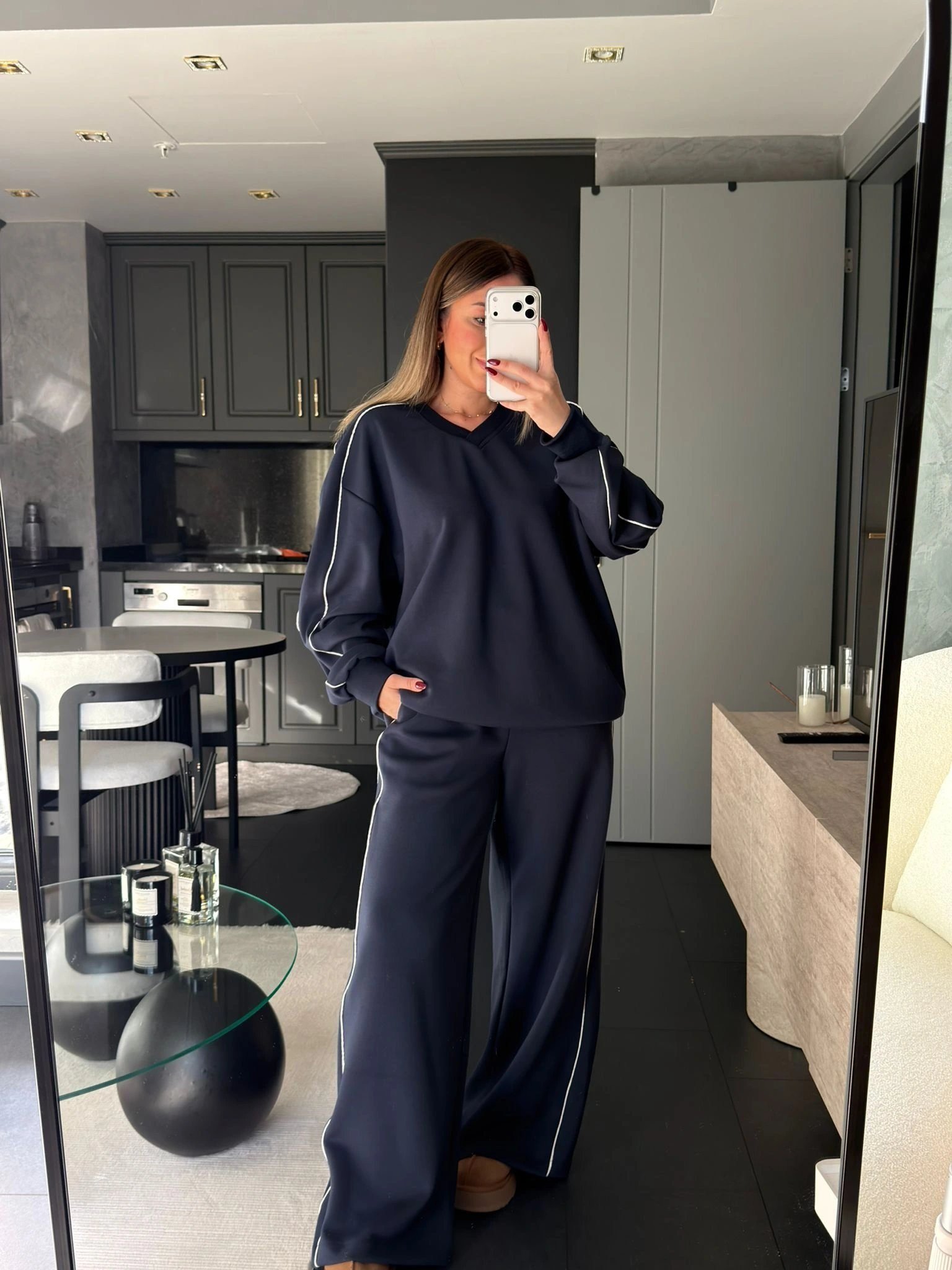 LACİVERT ÇİFT ŞERİT DETAYLI MODAL TAKIM