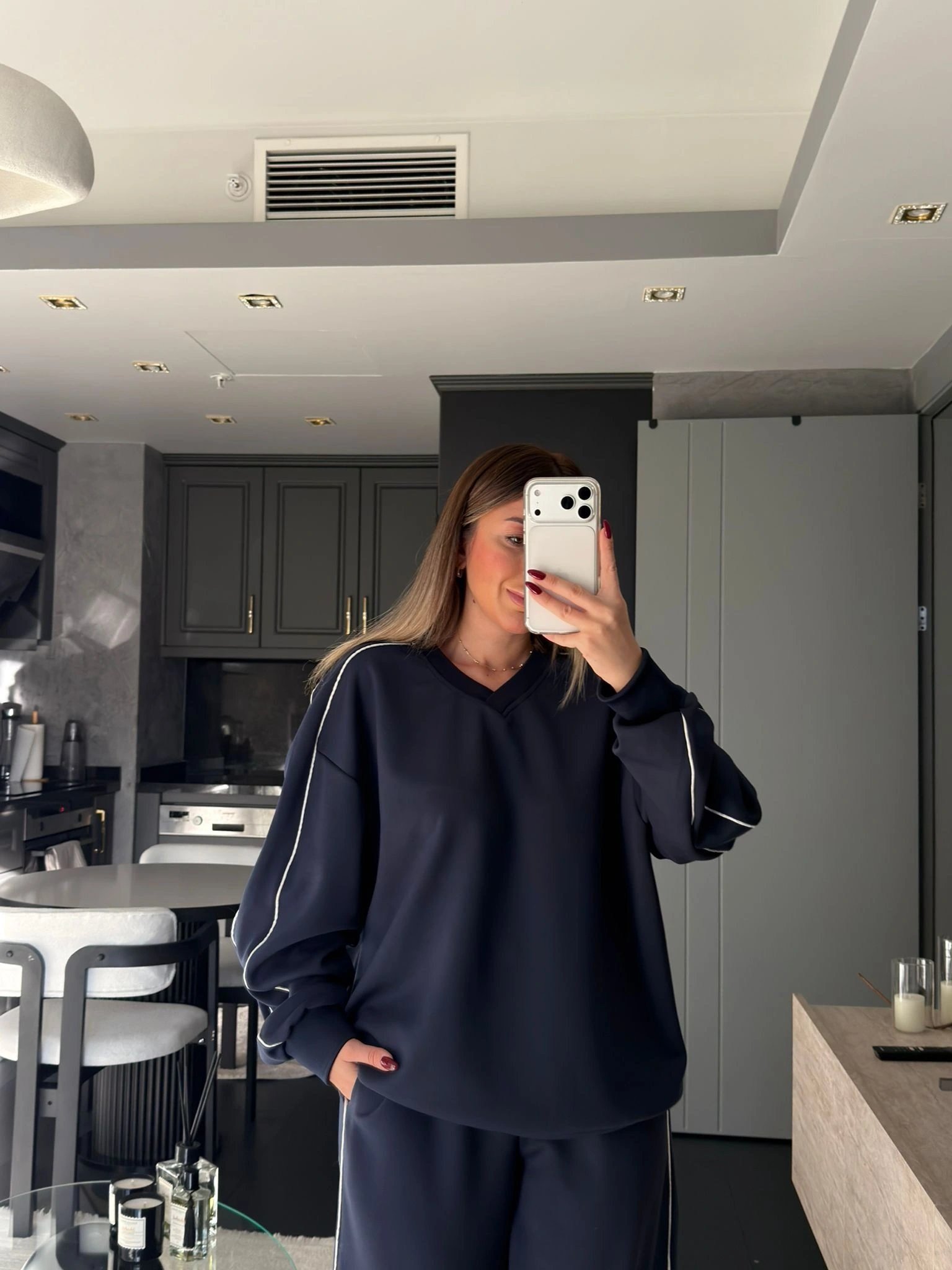 LACİVERT ÇİFT ŞERİT DETAYLI MODAL TAKIM