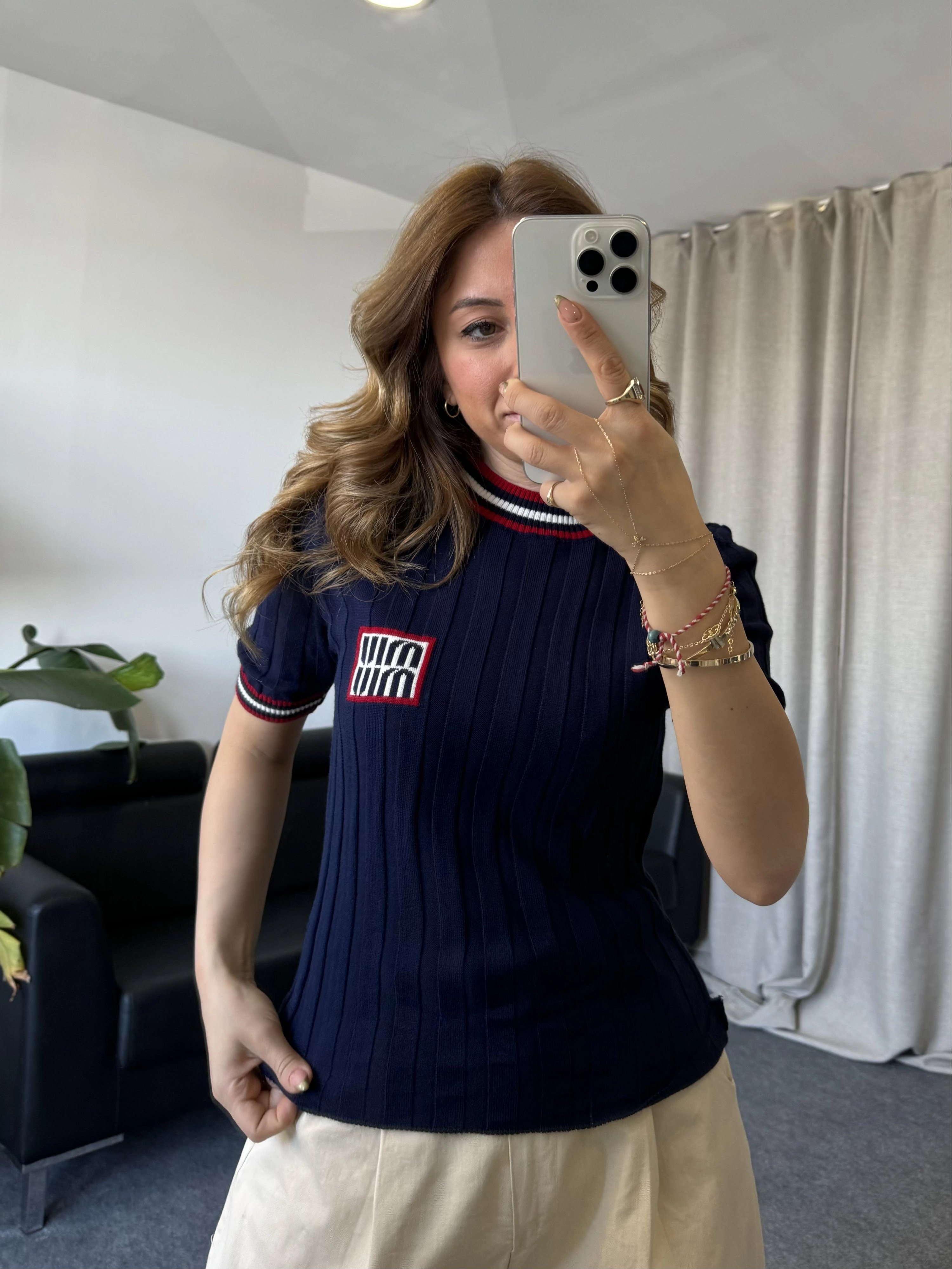 Lacivert Miu Kısa Kol Triko Bluz