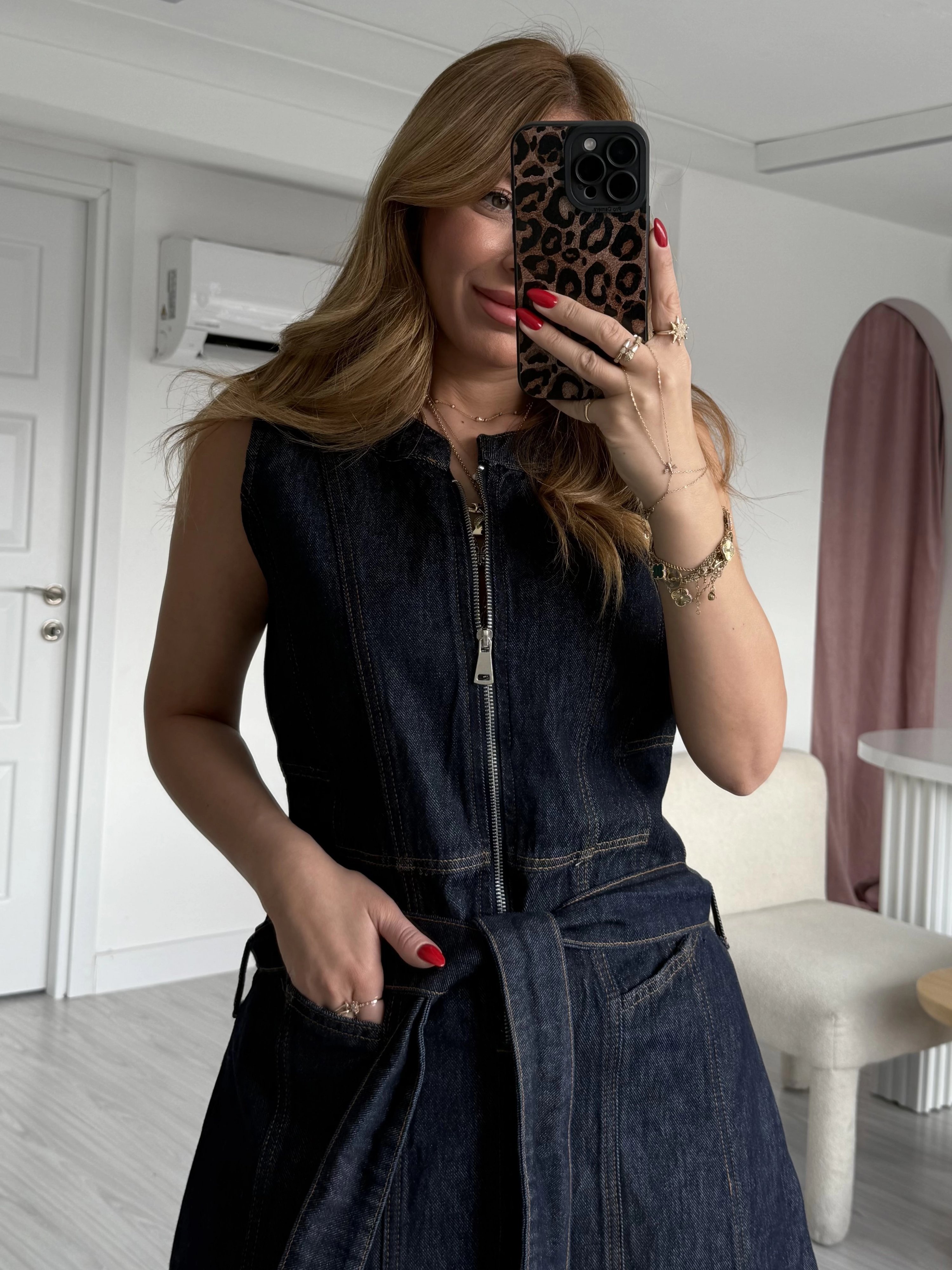 Lacivert Yarım Fermuarlı Kuşaklı Denim Elbise
