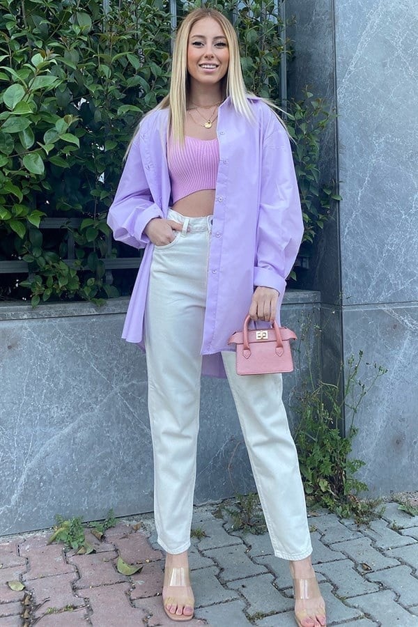 LİLA ARKASI DÜĞME DETAYLI OVERSIZE GÖMLEK