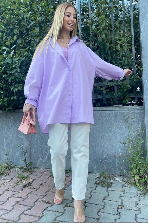 LİLA ARKASI DÜĞME DETAYLI OVERSIZE GÖMLEK