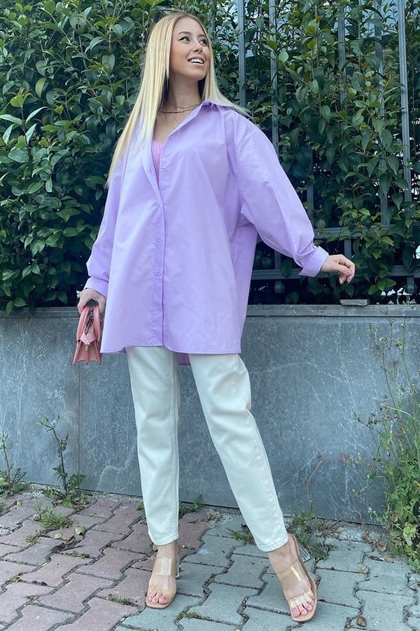 LİLA ARKASI DÜĞME DETAYLI OVERSIZE GÖMLEK