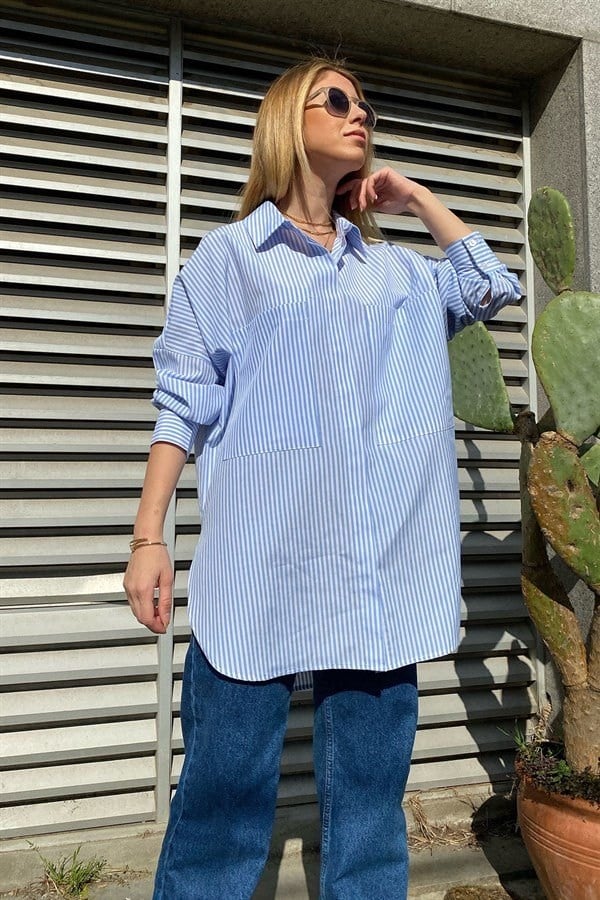 Mavi Beyaz Cepli Oversize Poplin Gömlek