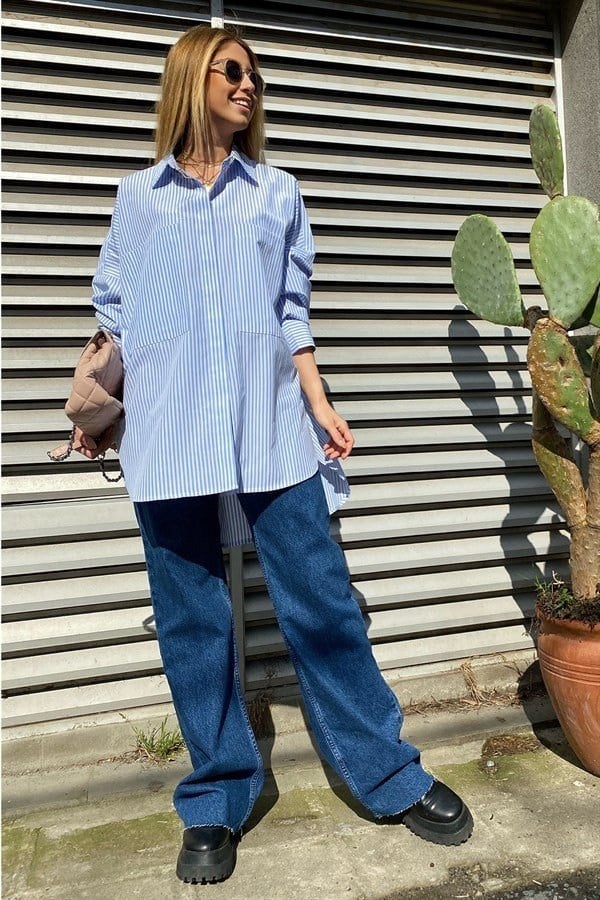 Mavi Beyaz Cepli Oversize Poplin Gömlek
