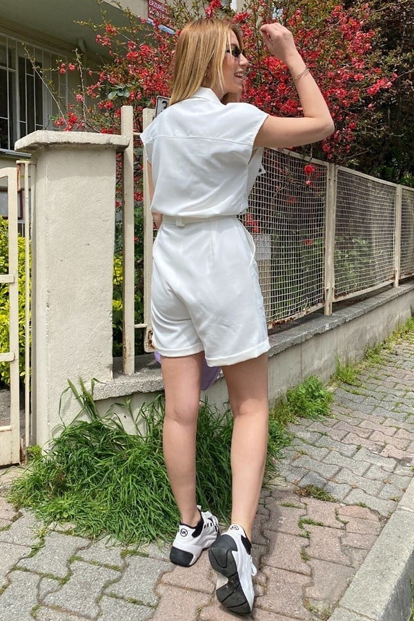 Mavi Kısa Kol Kuşaklı Çıt Çıtlı Şort Tulum