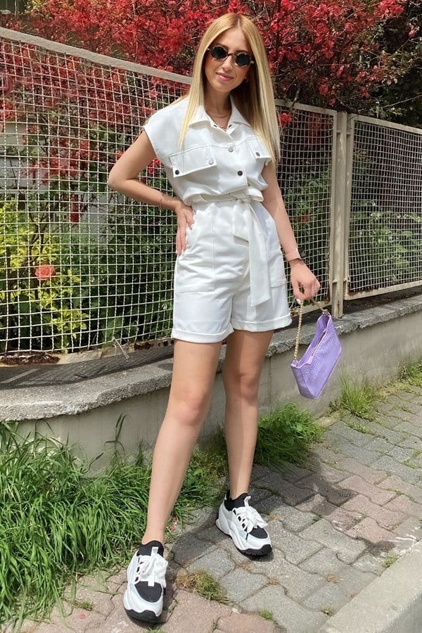 Mavi Kısa Kol Kuşaklı Çıt Çıtlı Şort Tulum