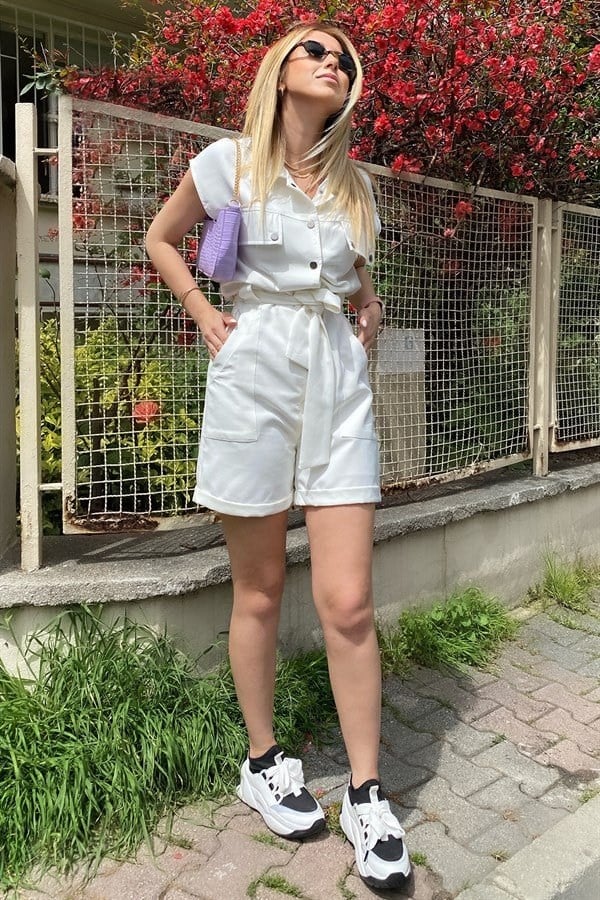 Mavi Kısa Kol Kuşaklı Çıt Çıtlı Şort Tulum