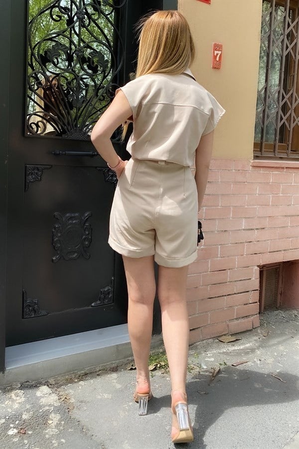 Mavi Kısa Kol Kuşaklı Çıt Çıtlı Şort Tulum