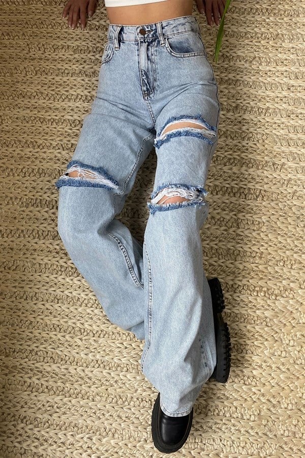MAVİ YIRTIK DETAYLI GENİŞ PAÇA JEAN