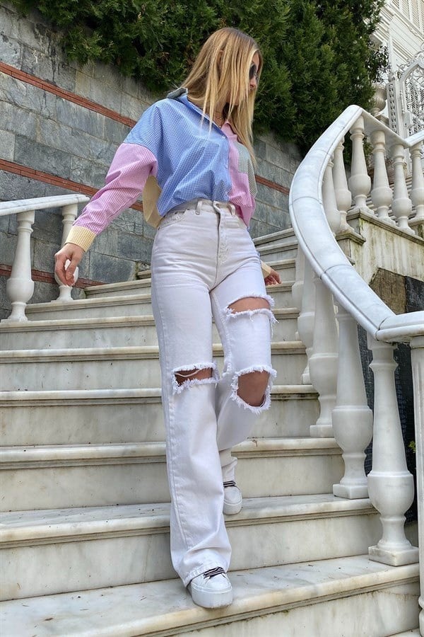 MAVİ YIRTIK DETAYLI GENİŞ PAÇA JEAN