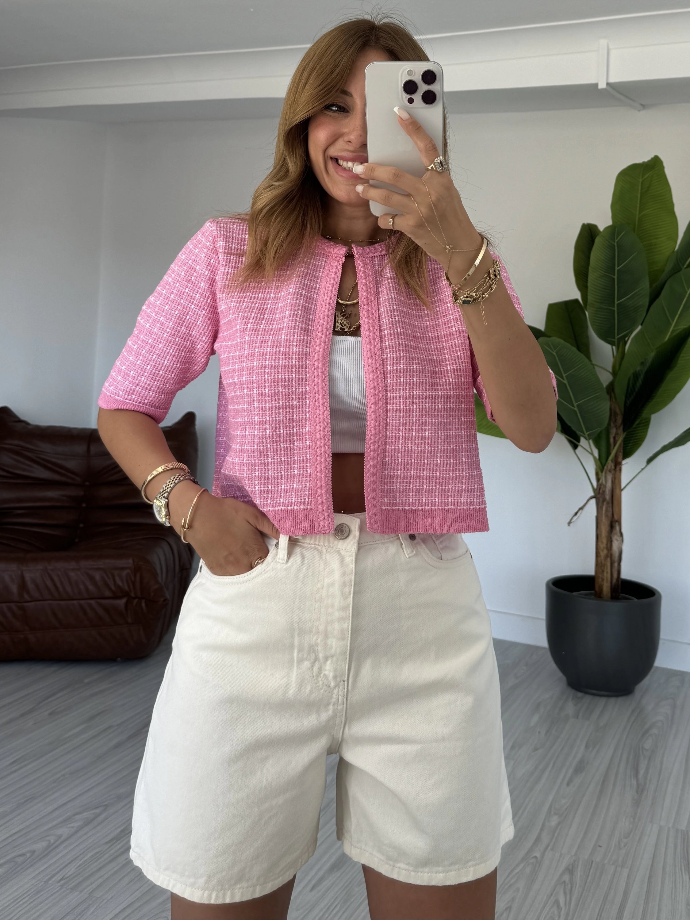 Pembe Crop Triko Hırka
