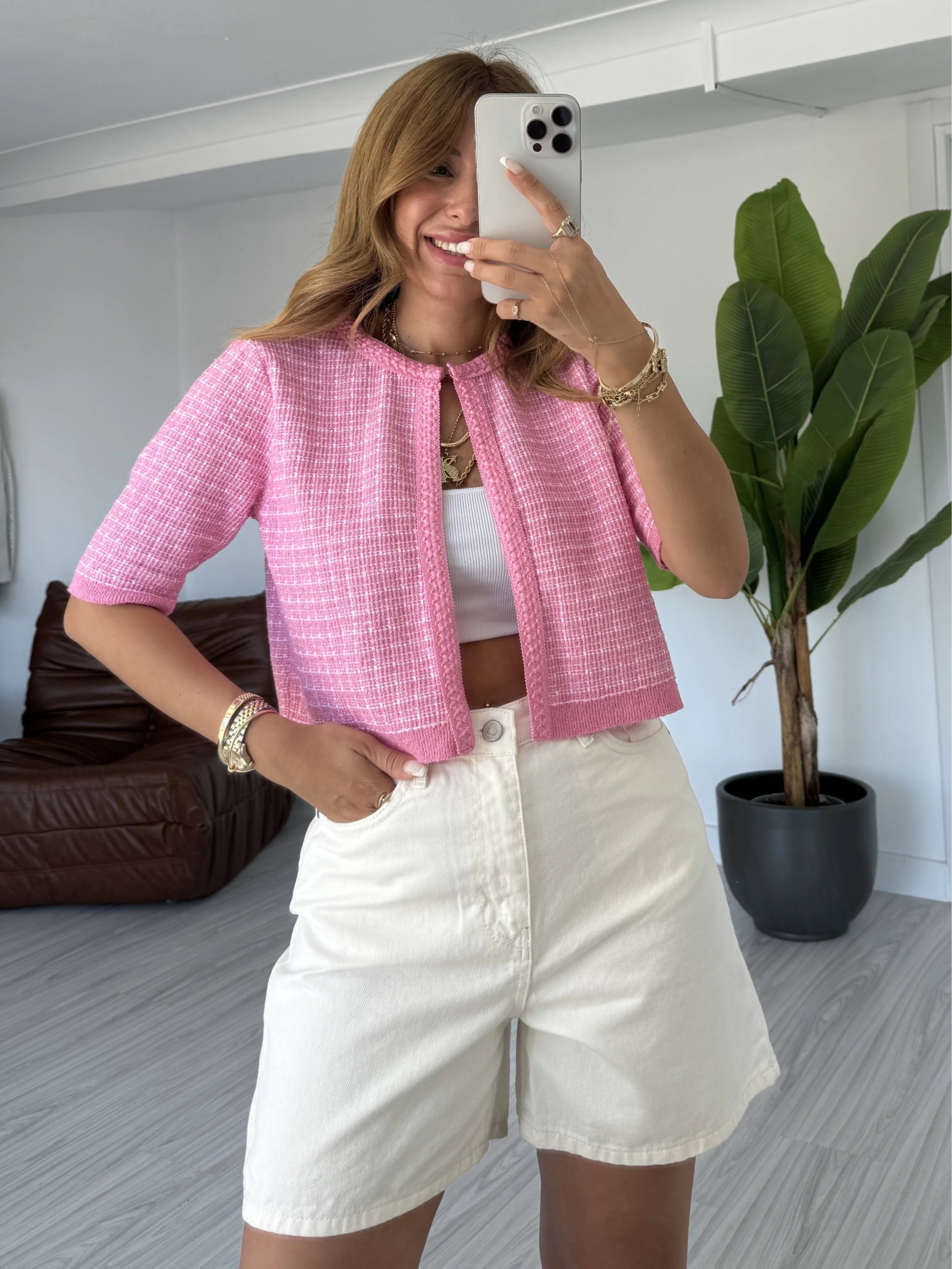 Pembe Crop Triko Hırka