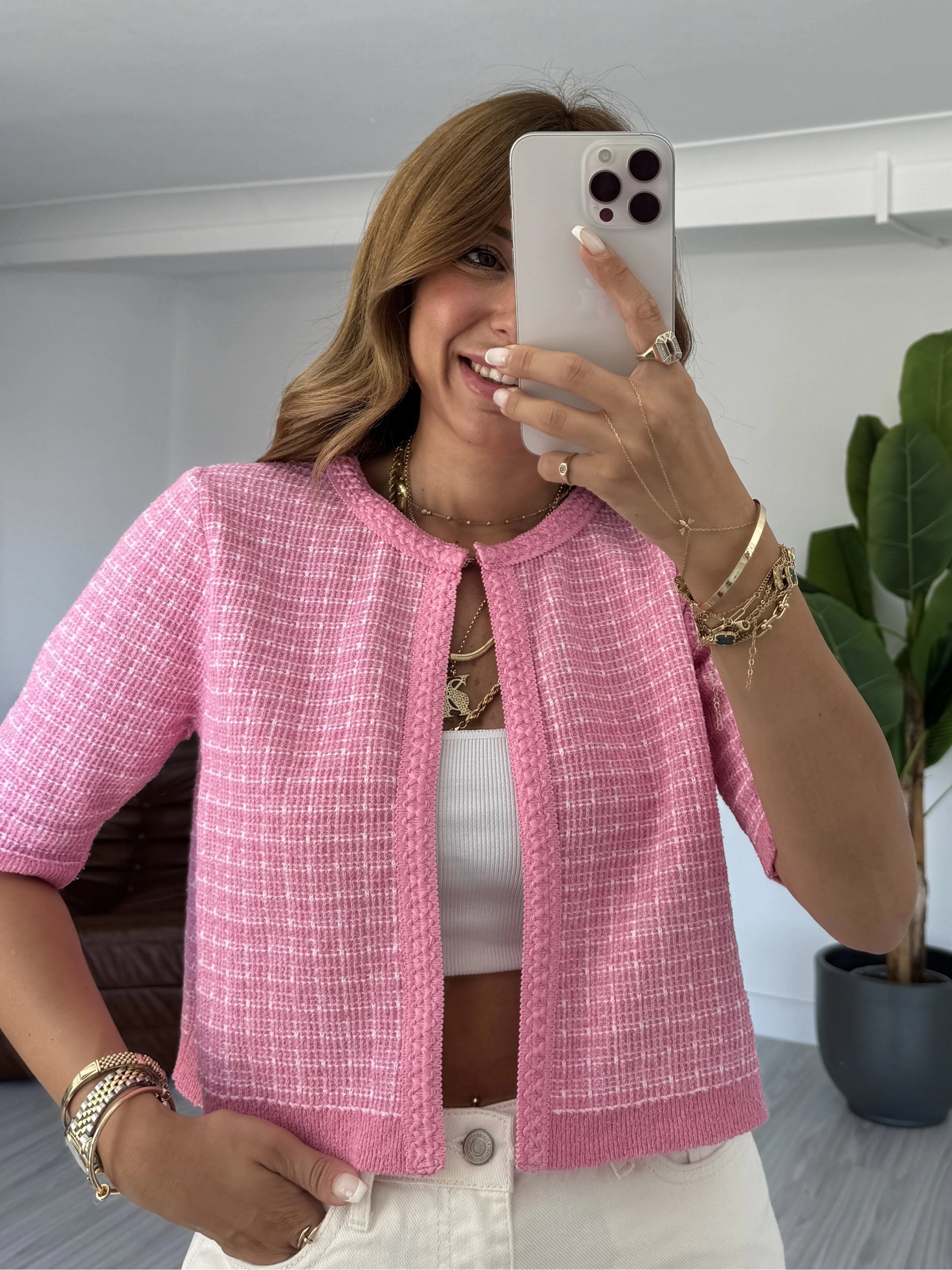 Pembe Crop Triko Hırka