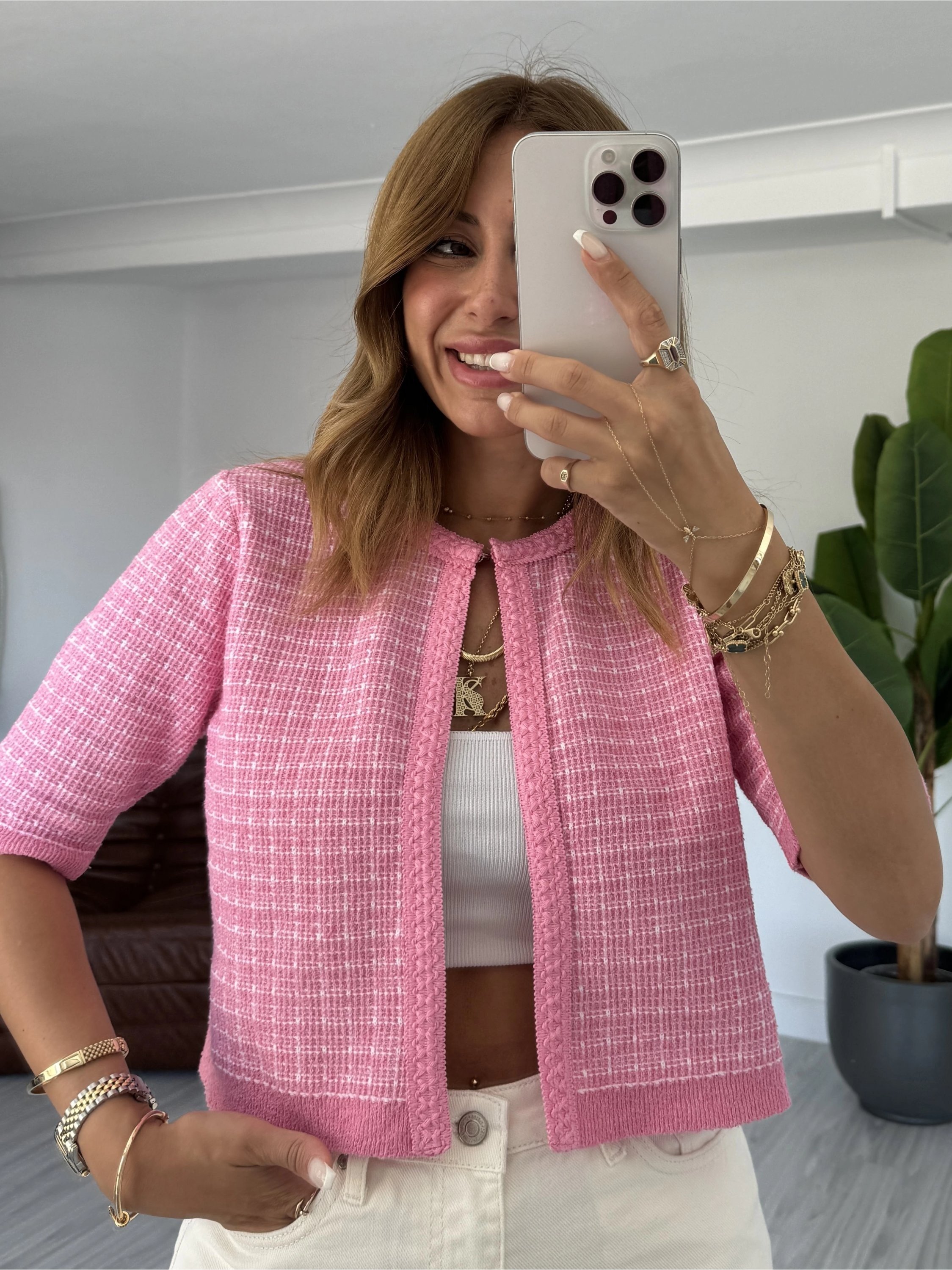 Pembe Crop Triko Hırka