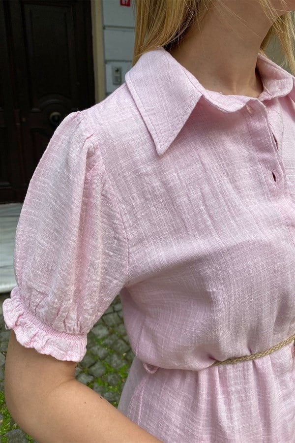 PEMBE KOLU BÜZGÜLÜ PENSLİ KETEN GÖMLEK ELBİSE