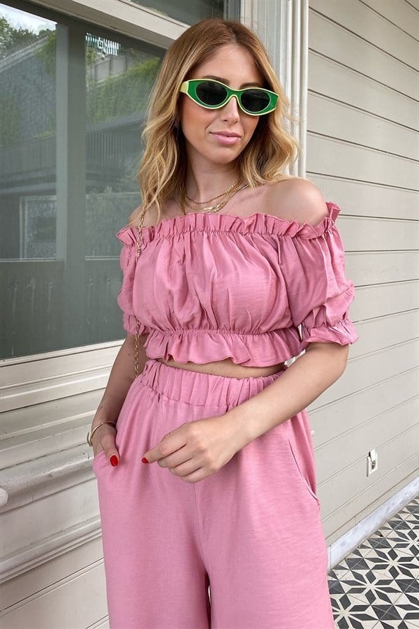 PEMBE PALAZZO PANTOLONLU MADONNA YAKA BLUZ KETEN TAKIM
