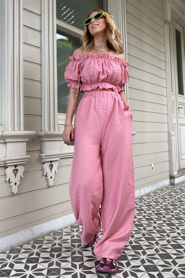 PEMBE PALAZZO PANTOLONLU MADONNA YAKA BLUZ KETEN TAKIM