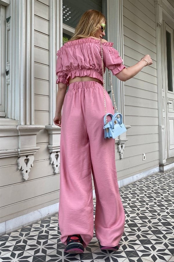 PEMBE PALAZZO PANTOLONLU MADONNA YAKA BLUZ KETEN TAKIM