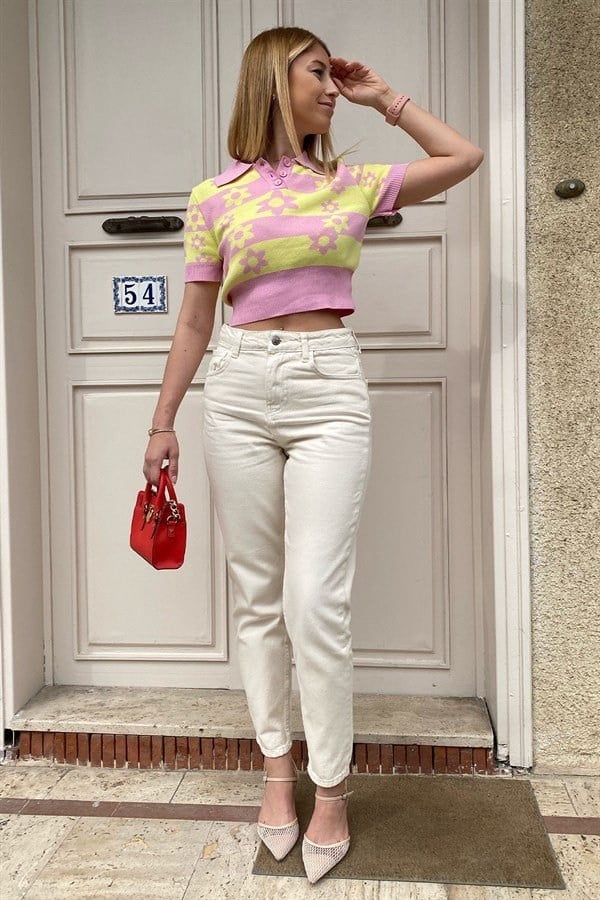 PEMBE SARI ÇİÇEK DESENLİ POLO YAKA KISA KOL TRİKO BLUZ