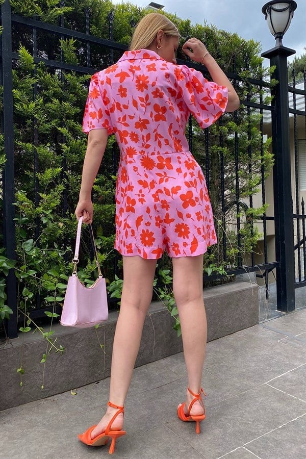 PEMBE TURUNCU ÇİÇEK DESENLİ TULUM