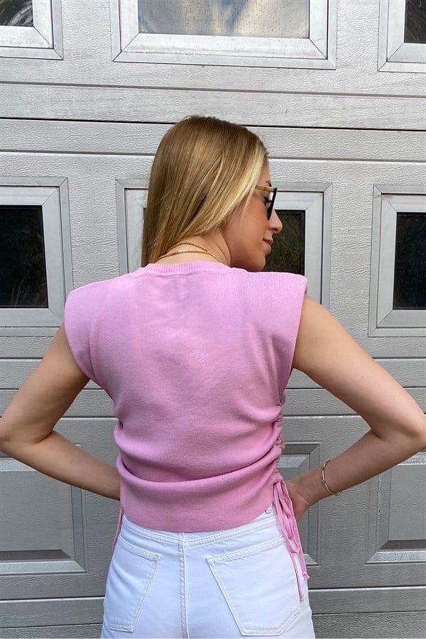 Pembe Yanı Büzgülü Kolu Vatkalı Triko Bluz