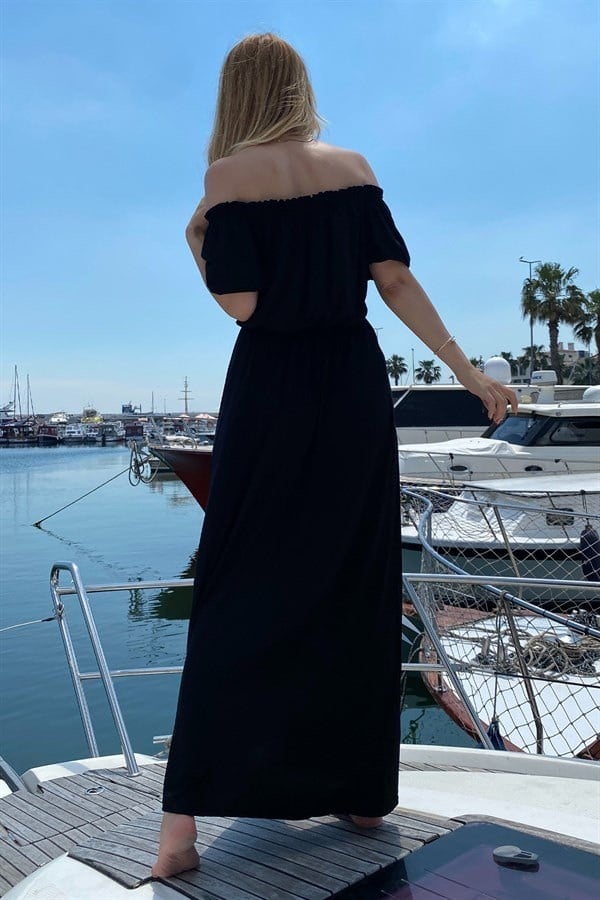 SAKS MAVİ MADONNA YAKA BELİ BÜZGÜLÜ JARSE MAKSİ BOY ELBİSE