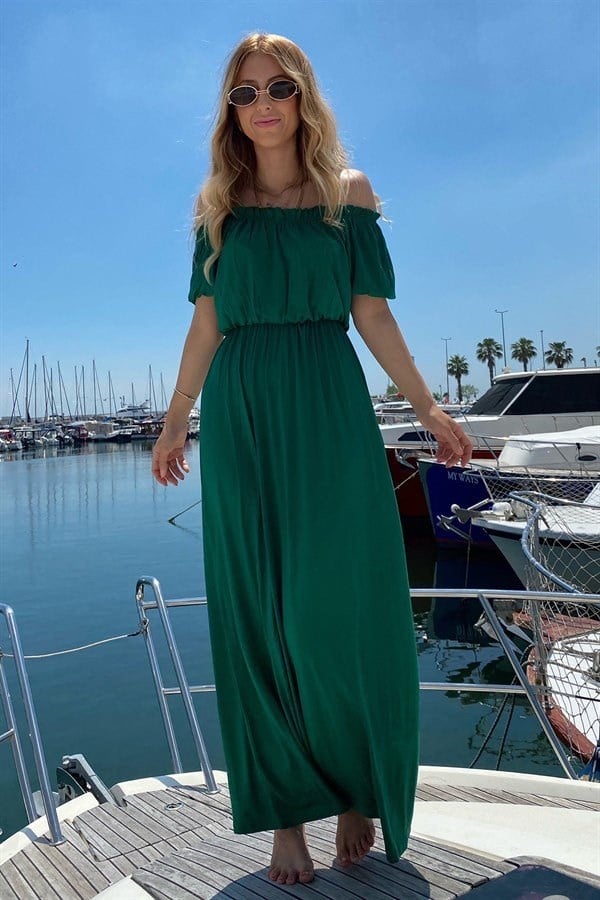SAKS MAVİ MADONNA YAKA BELİ BÜZGÜLÜ JARSE MAKSİ BOY ELBİSE
