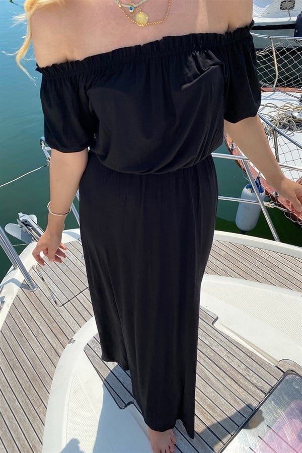 SAKS MAVİ MADONNA YAKA BELİ BÜZGÜLÜ JARSE MAKSİ BOY ELBİSE