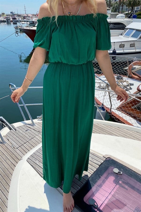 SAKS MAVİ MADONNA YAKA BELİ BÜZGÜLÜ JARSE MAKSİ BOY ELBİSE